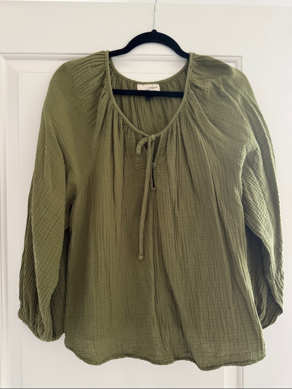 Olive Textured Cotton Peasant Top